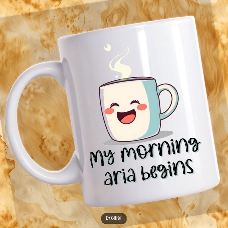 Funny coffee mug performing opera with steam, detailed and joyful expression, perfect for humor lovers.
