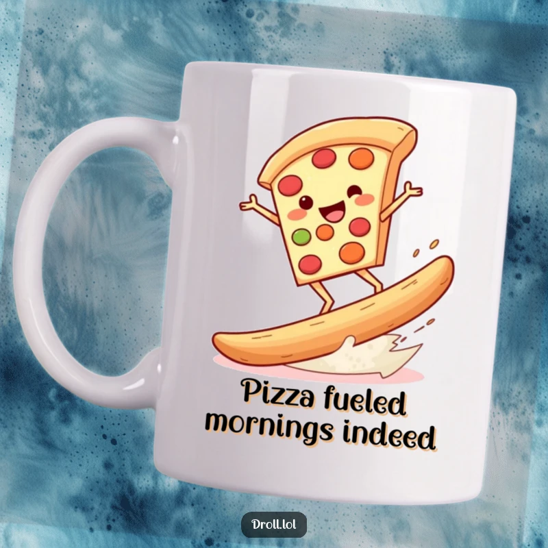Funny mug showing a happy pizza slice joyfully surfing on a giant breadstick, capturing a moment of delicious absurdity.