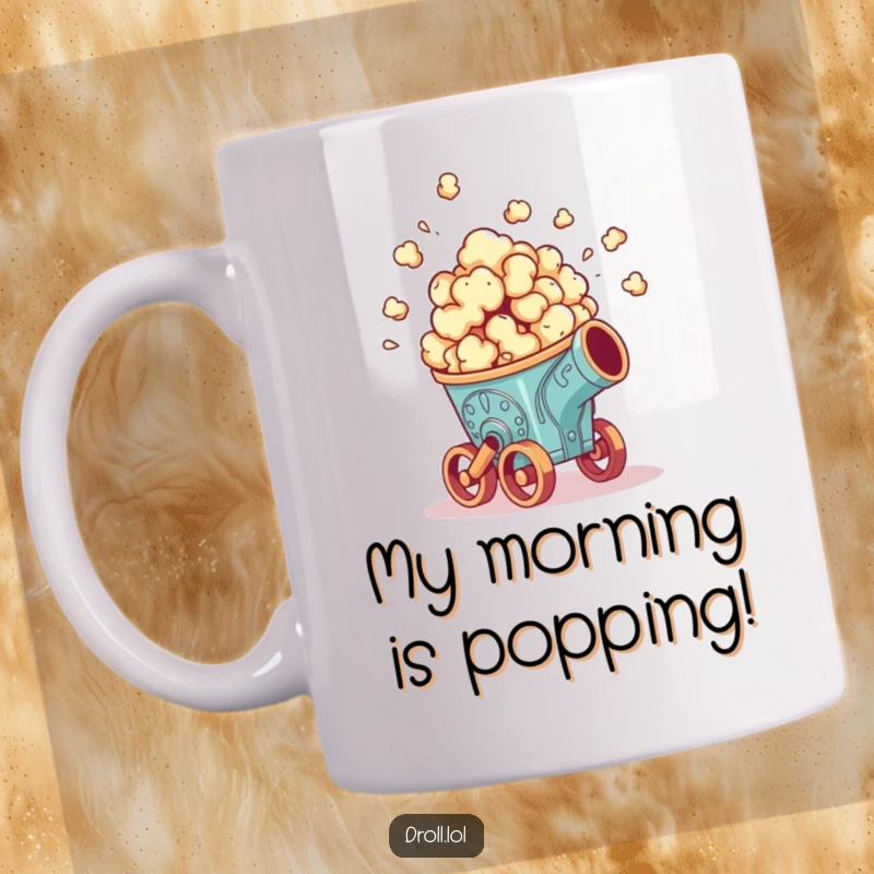 Funny mug: Popcorn bursting from a tiny, ornate cannon, celebrating a movie night with explosive excitement, perfect gift.