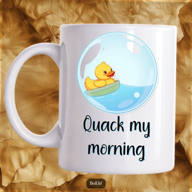 Funny mug: a playful rubber duck confidently sails across water in a giant, shimmering bubble, looking adventurous.