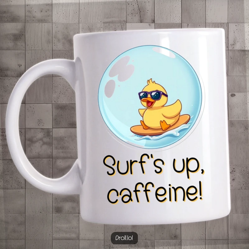 Funny rubber duck wearing sunglasses surfing a giant bubble, spreading joy and beach vibes on a coffee mug.