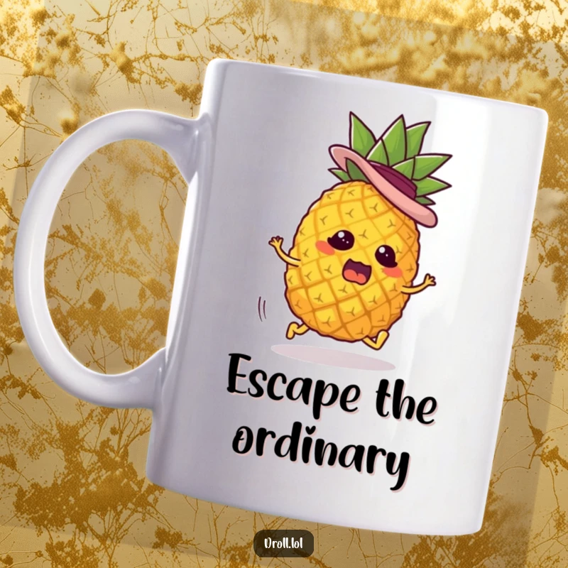 Funny mug depicting a panicked pineapple character with tiny legs, a jaunty hat, and a look of sheer terror as it flees.