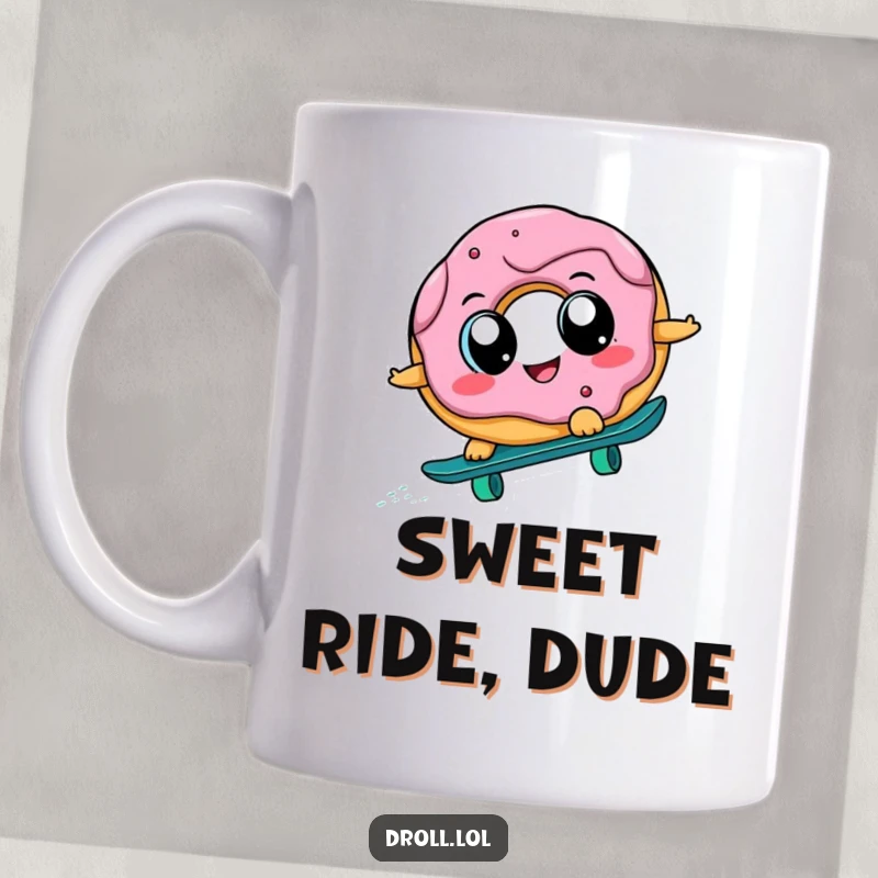 Funny donut with big eyes trying to skateboard downhill, full of excitement and a bit of wobble, perfect for coffee lovers.