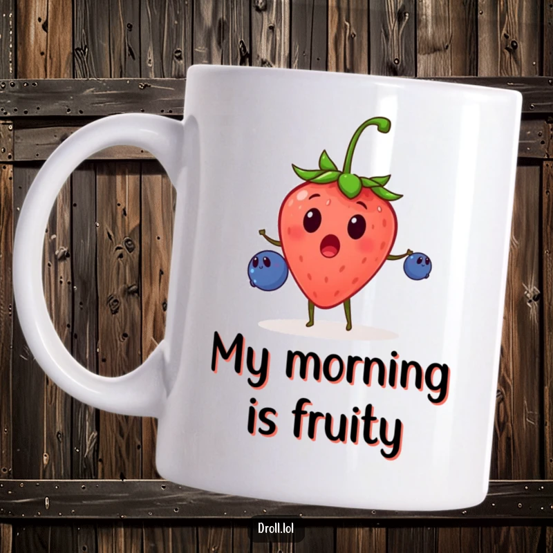 Funny mug featuring a surprised strawberry enthusiastically juggling three tiny blueberries, showcasing a moment of chaotic fruit fun.