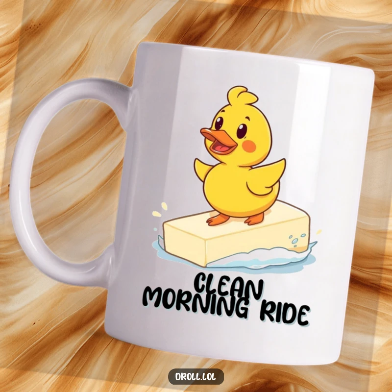 Funny determined rubber duck surfing a giant bar of soap, printed on a mug, showcasing a humorous and ambitious bath toy.