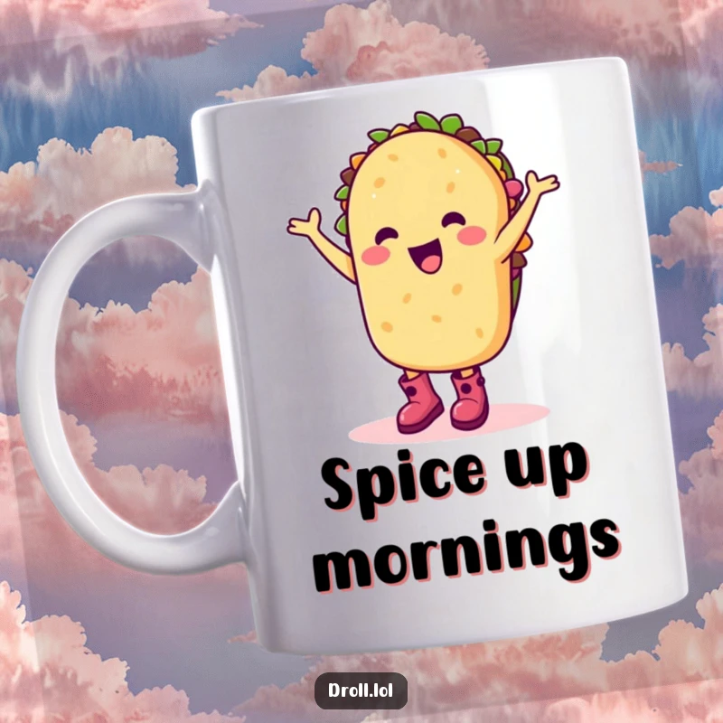 Funny mug with a happy taco character in boots doing a silly dance, perfect for taco Tuesdays and celebrations.