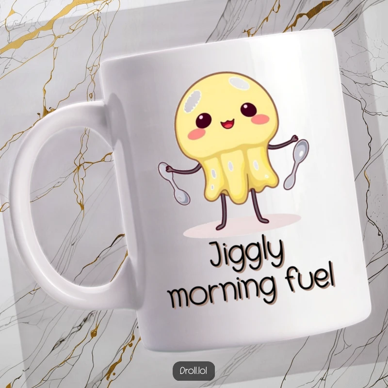 Funny Mug: A translucent, wobbly jelly attempting to juggle three small spoons with comical effort. Humorous kitchenware.