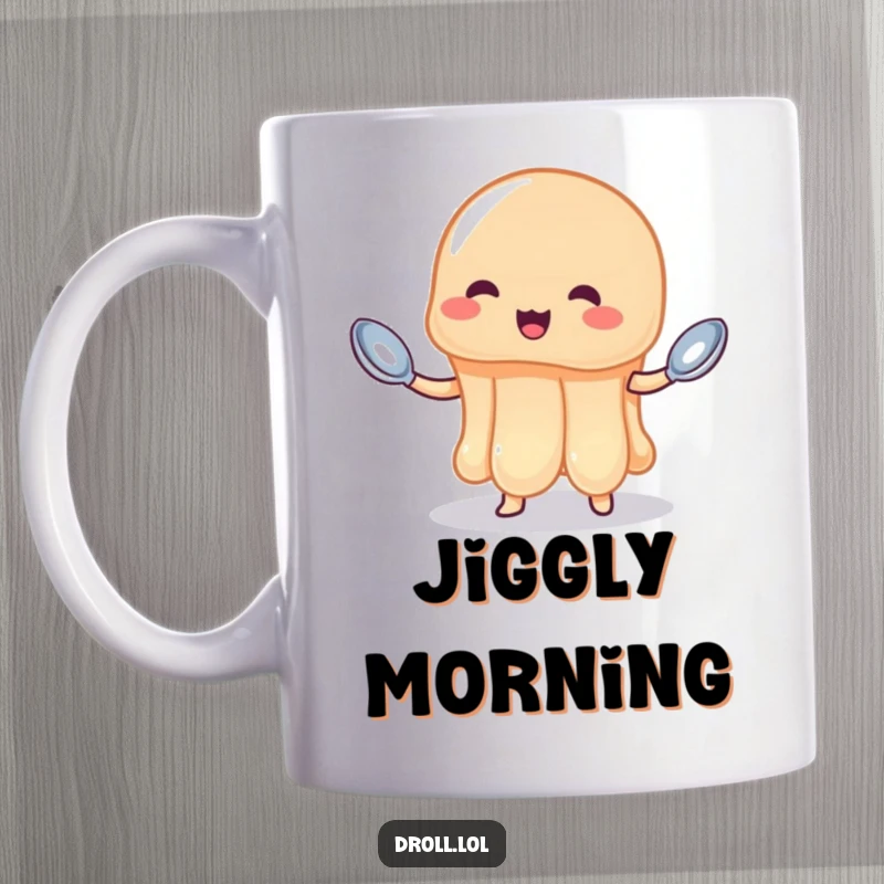 Funny jelly mug showing a wobbly jelly attempting to juggle three tiny spoons with a determined, slightly panicked expression.