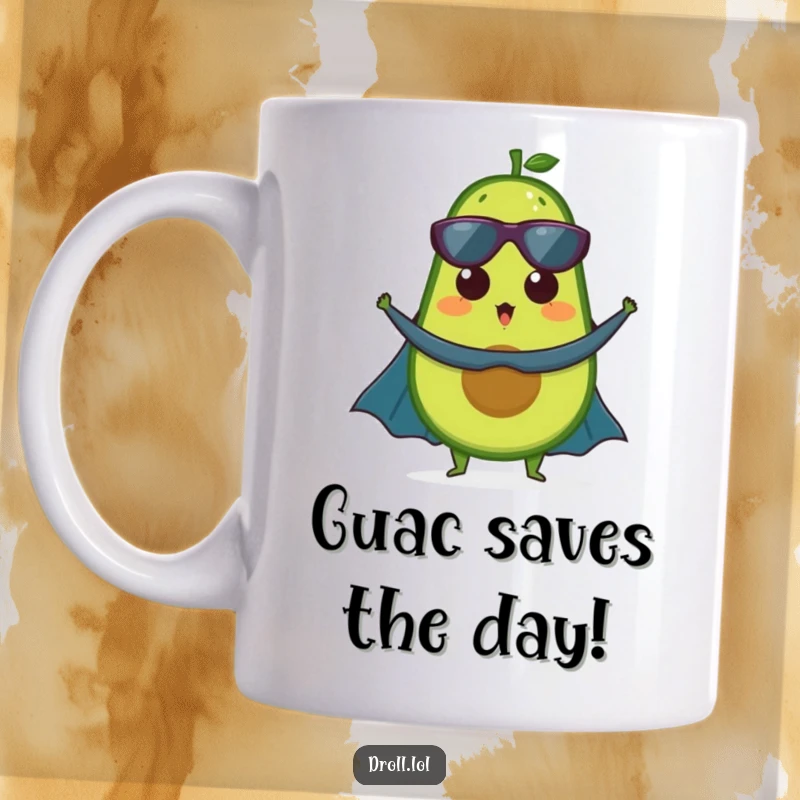 Funny mug: A surprised avocado wearing a red cape, striking a heroic pose, ready to save the day.