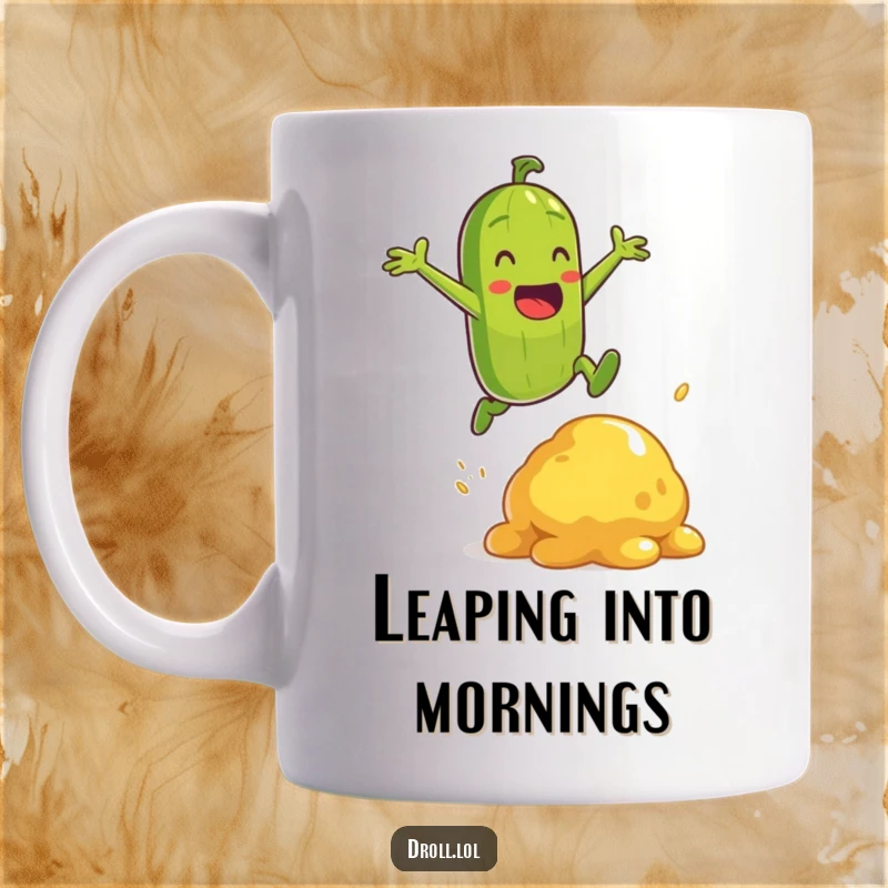 Funny energetic pickle character doing a heroic jump over a mustard blob on a coffee mug.