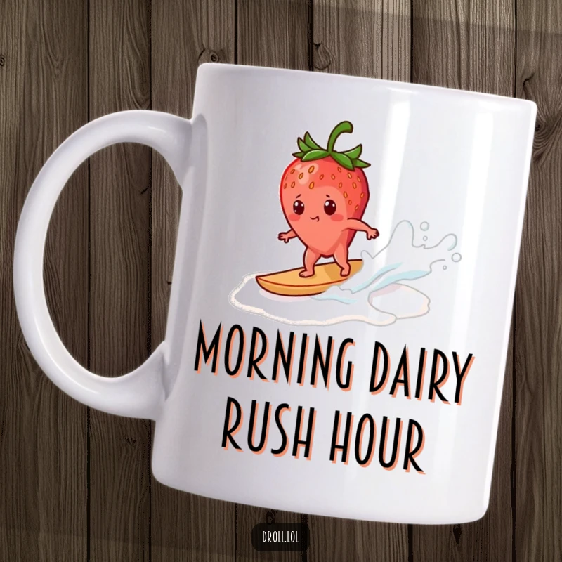 Funny strawberry mug shows a determined strawberry bravely surfing a frothy milk wave, capturing a spirit of optimistic adventure.