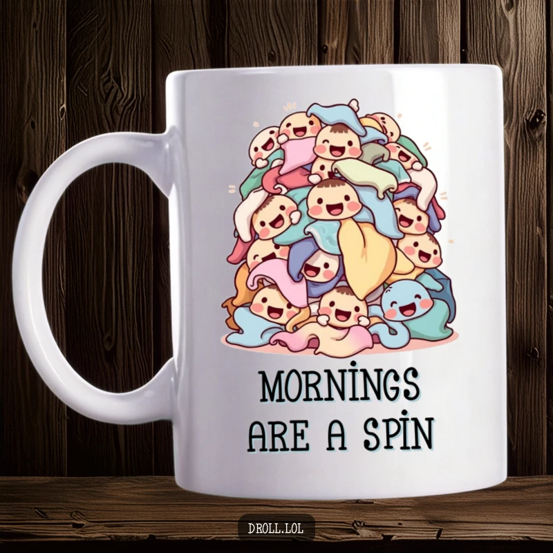 Funny laundry mug depicting a tumbling pile of clothes with cheerful faces, celebrating the joy and chaos of laundry day humor.