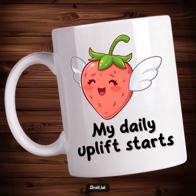 Funny mug showing a delighted strawberry with small wings, attempting to fly joyfully.