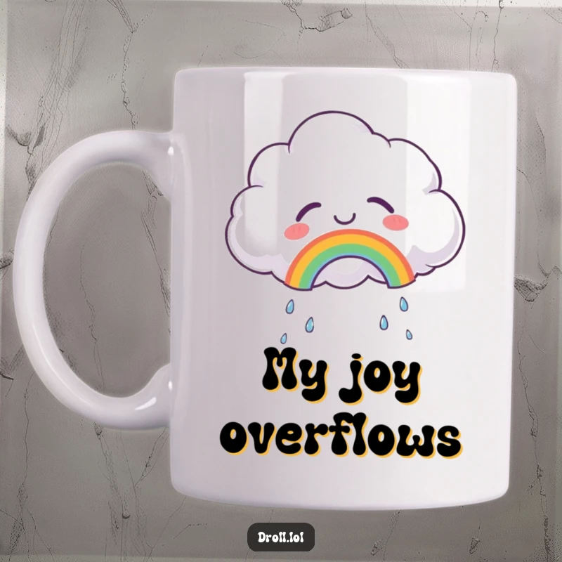 Funny mug featuring a fluffy cloud shedding tears of joy, with a small, vibrant rainbow appearing, symbolizing happy emotions.