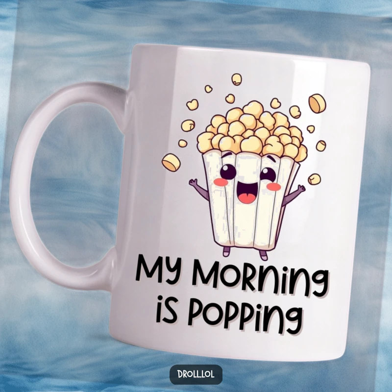 Funny mug featuring a mischievous popcorn bag character bursting with excitement, ejecting kernels, a joyous and funny gift.