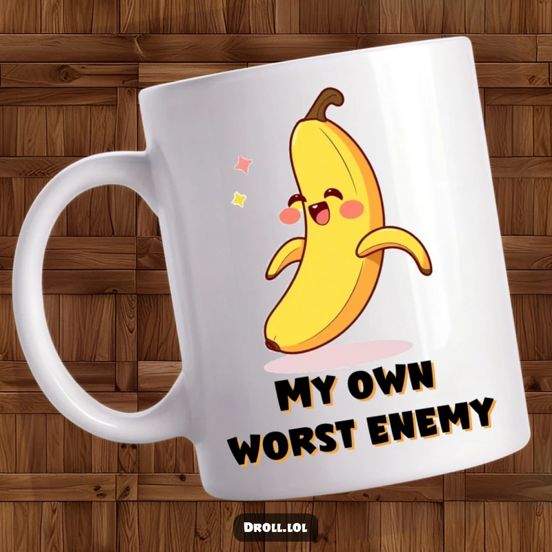 Funny Banana Peel Mug: A giggling banana peel comically slips on itself, a hilarious and unexpected moment captured for laughs.