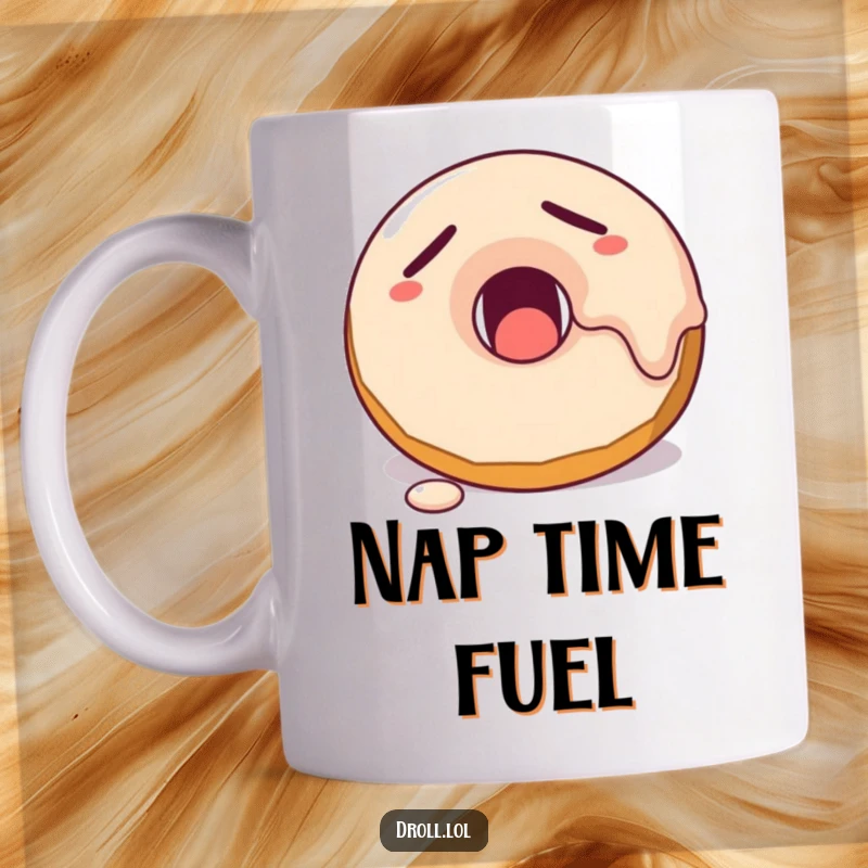 Funny sleepy donut character yawning with frosting dripping, on a ceramic mug, perfect for breakfast lovers.