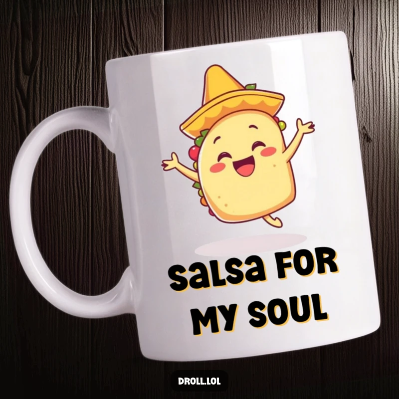 Funny happy taco wearing a tiny mariachi hat, dancing with excitement on a festive mug.
