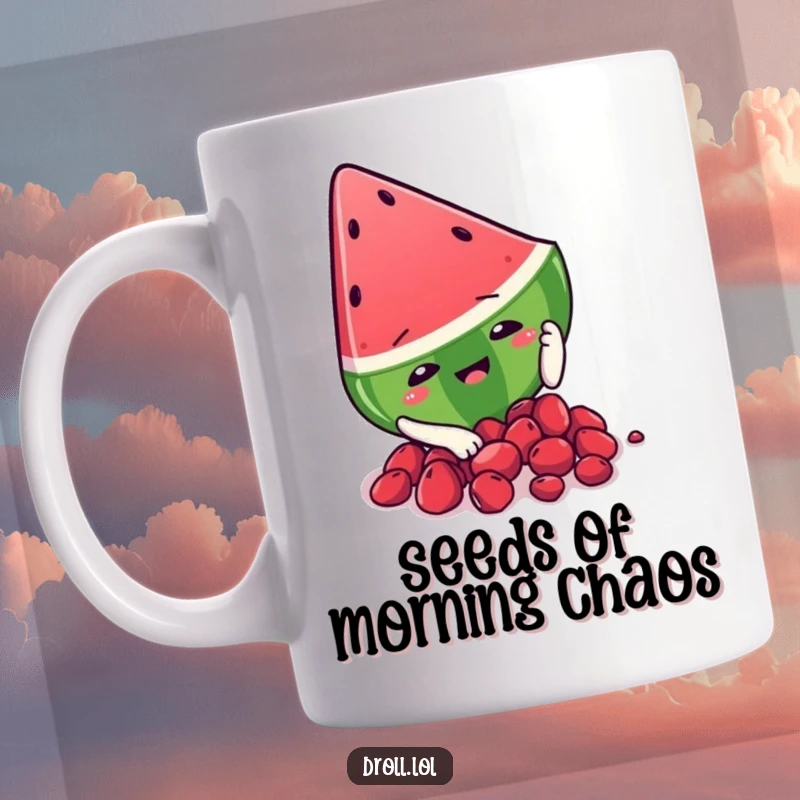 Funny watermelon slice character comically slipping on its own seeds, captured on a mug for a humorous moment.