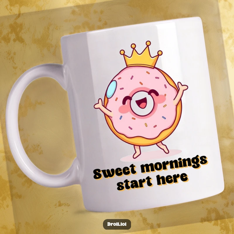 Funny cheerful donut wearing a tiny crown, joyfully performing a silly dance. A delightful and sweet treat.