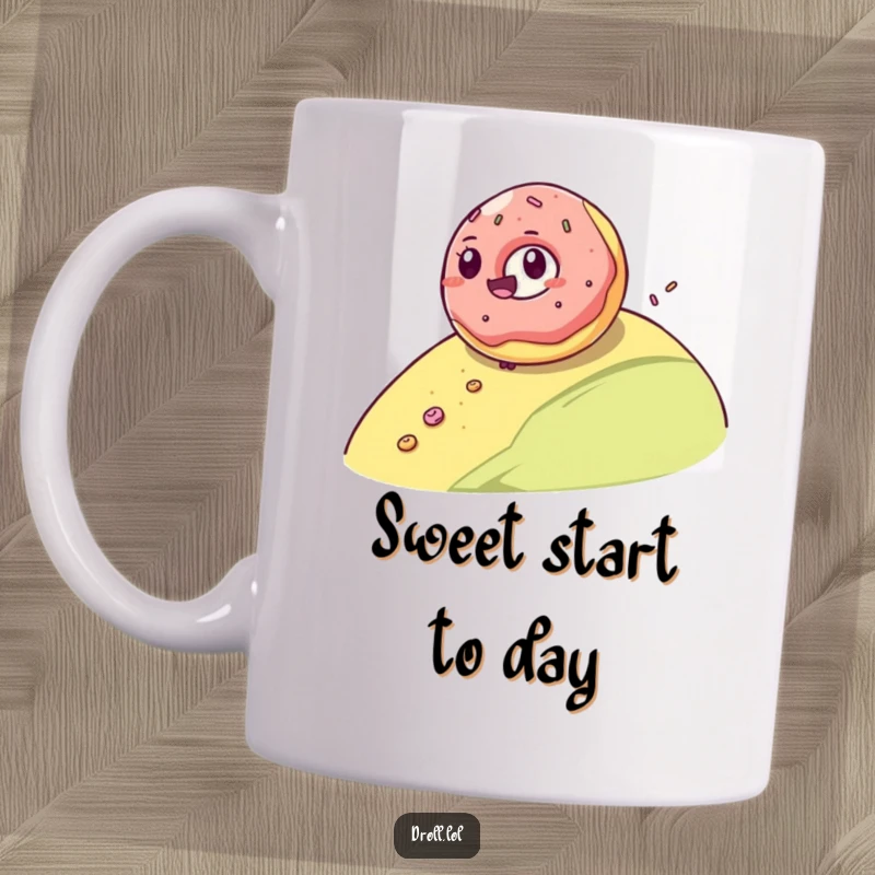 Funny mug featuring a giggling jelly donut gleefully rolling down a hill, leaving a sweet, powdery trail behind.