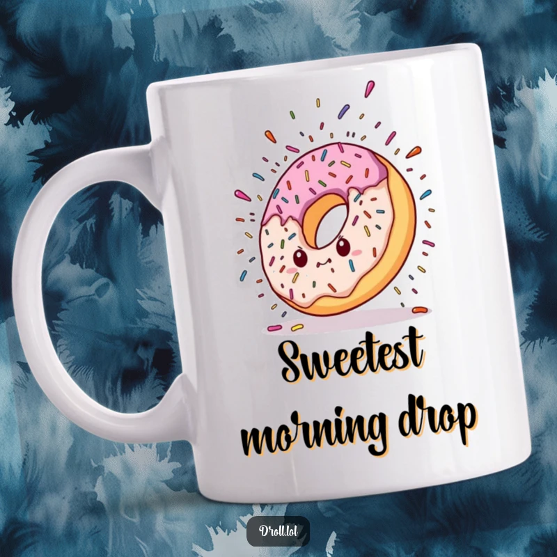 Funny mug featuring a cartoon donut character dramatically falling, with colorful sprinkles exploding around it like a sweet, sugary meteor.