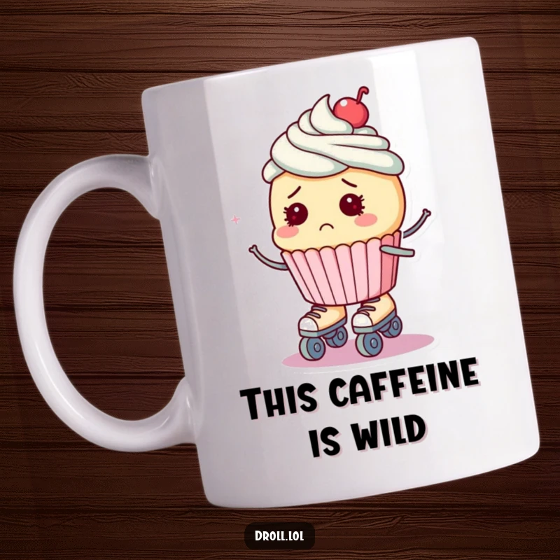 Funny mug featuring a bewildered cupcake wearing roller skates, captured mid-wobble, about to take a tumble.