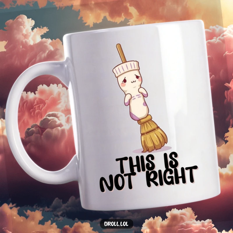 Funny mug featuring a confused sock attempting to put itself on a broom handle, a humorous take on household chaos.
