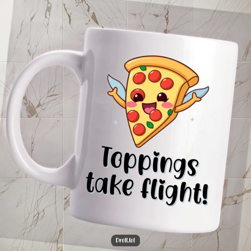 Funny happy pizza slice with pepperoni wings attempting to fly, printed on a mug, a humorous and delicious food character.