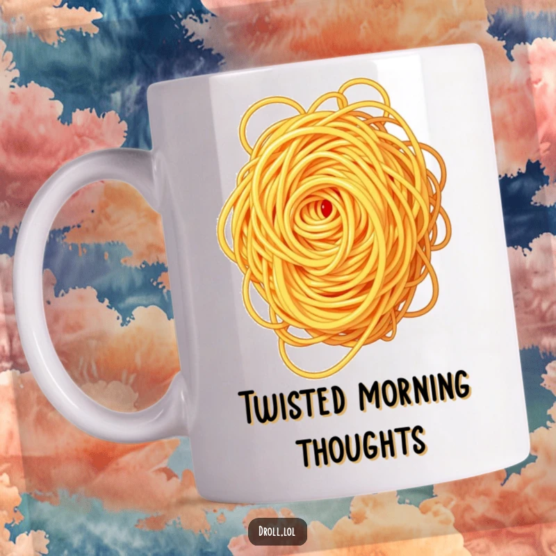 Funny spaghetti swirl mug, humorously attempting to untangle itself, representing culinary chaos.