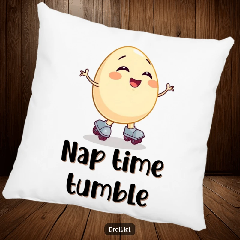 Funny pillow illustration: a giggling egg on roller skates comically falling, bringing soft, silly comfort and humor.