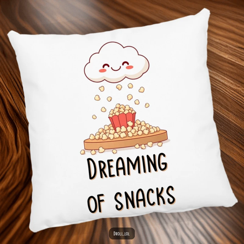 Funny pillow illustration: a happy cloud raining popcorn, bringing soft, whimsical comfort and a touch of snack-time magic.