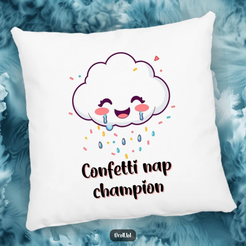 Funny pillow featuring a smiling cloud releasing confetti, bringing comfort and festive vibes.