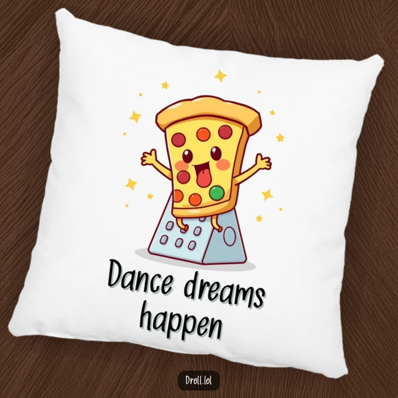 Funny pillow: A pizza slice disco dancing on a cheese grater, designed for comfortable lounging and added humor.