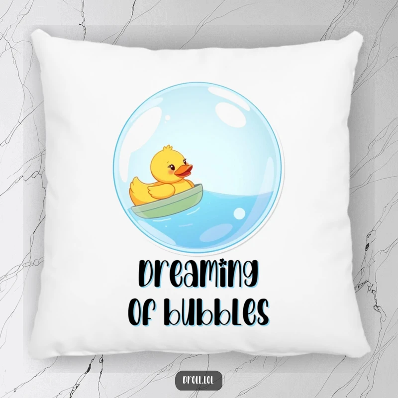 Funny pillow illustration: a cheerful rubber duck floats peacefully inside a giant, iridescent bubble, bringing whimsical comfort.