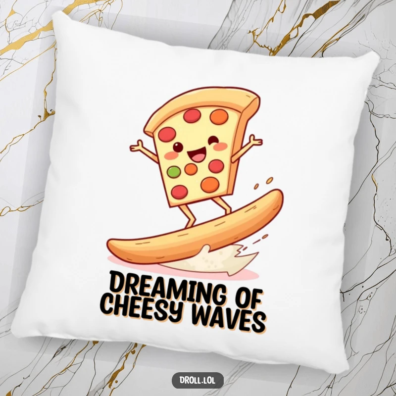 Funny pillow featuring a pizza slice expertly surfing a giant breadstick, providing comfortable humor and a whimsical feel.