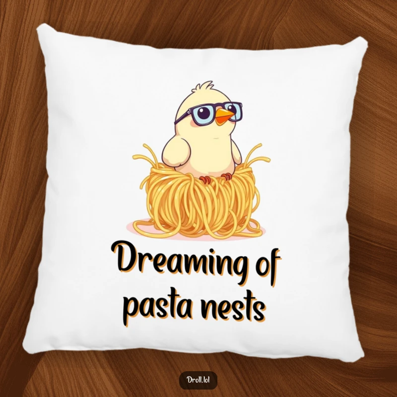 Funny pillow showcasing a bird wearing glasses humorously trying to build a nest with massive, misplaced spaghetti.