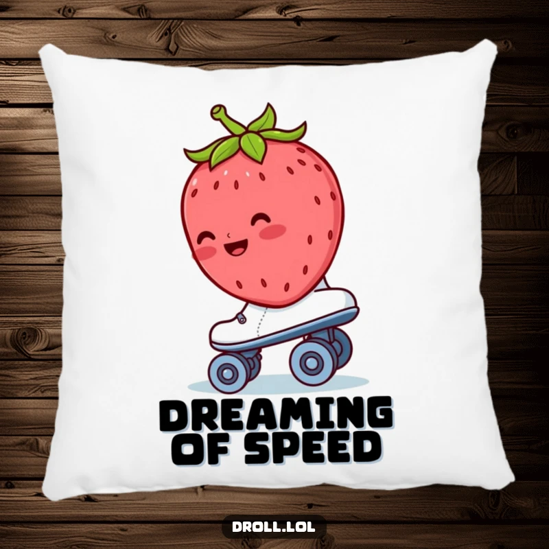 Funny strawberry pillow with a blushing strawberry riding backwards on a roller skate, offering sweet comfort and humor.