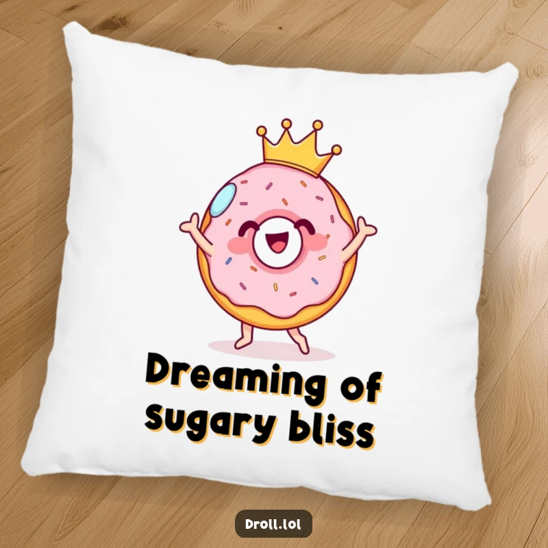Funny cheerful donut wearing a tiny crown, performing a silly dance on a soft pillow. Sweet and comfortable.