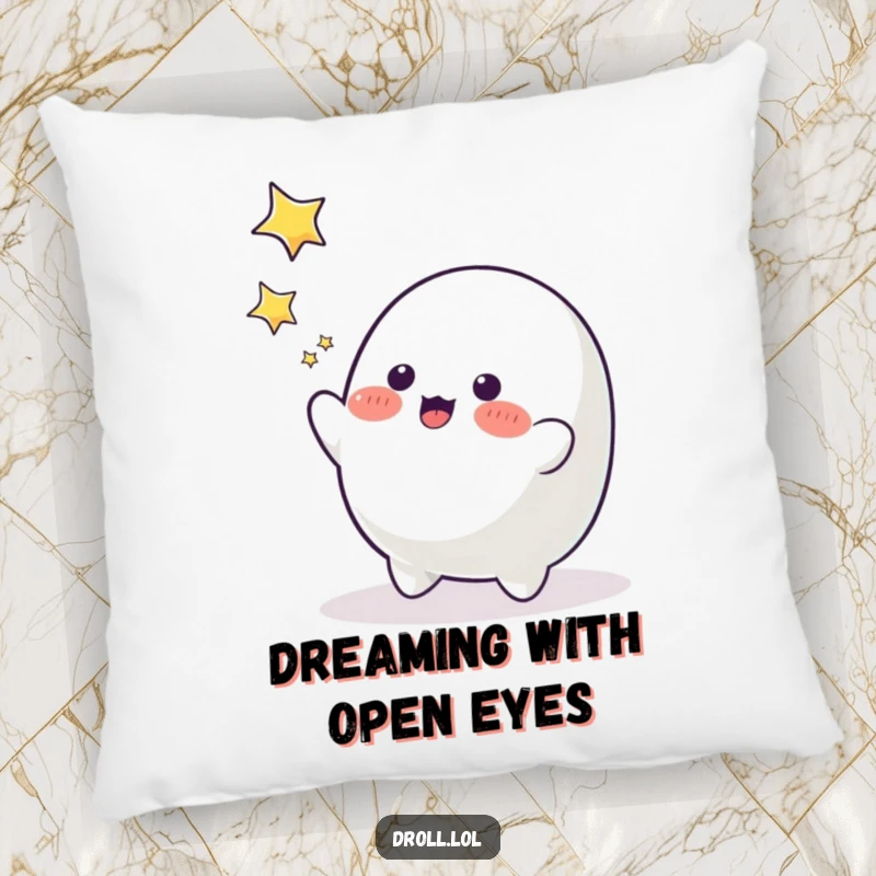 Funny blob character reaching for falling stars, a soft and humorous decorative pillow.