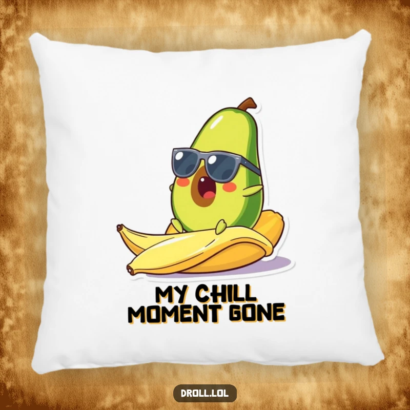 Funny pillow featuring a surprised avocado in sunglasses slipping on a banana peel, a soft and humorous decorative item for a quirky touch.
