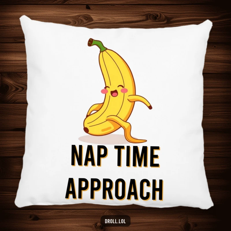 Funny pillow featuring a giggling banana dramatically slipping on a banana peel, rendered with exaggerated motion and a funny, startled expression.