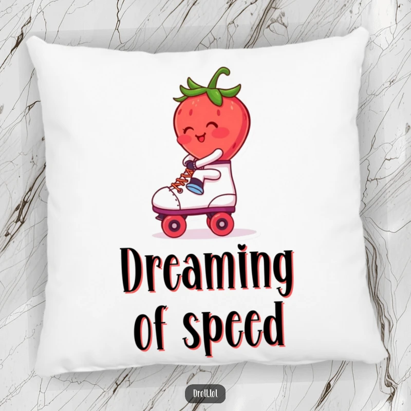 Funny Pillow: A blushing strawberry riding a roller skate backwards. Soft, humorous decor with a retro theme.
