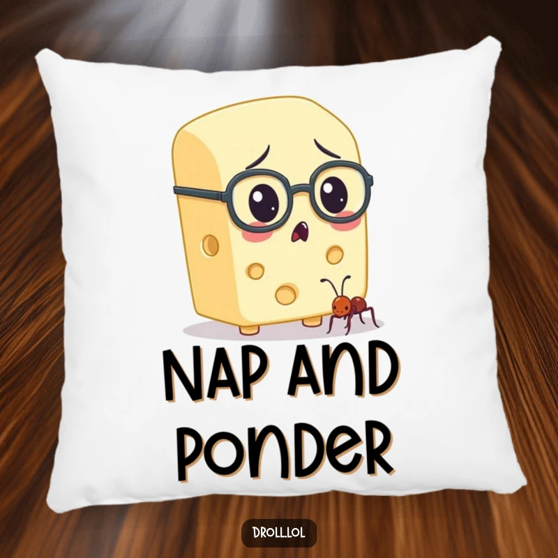 Funny cheese character wearing spectacles, looking at an ant, featured on a soft pillow for humorous and cozy decor.