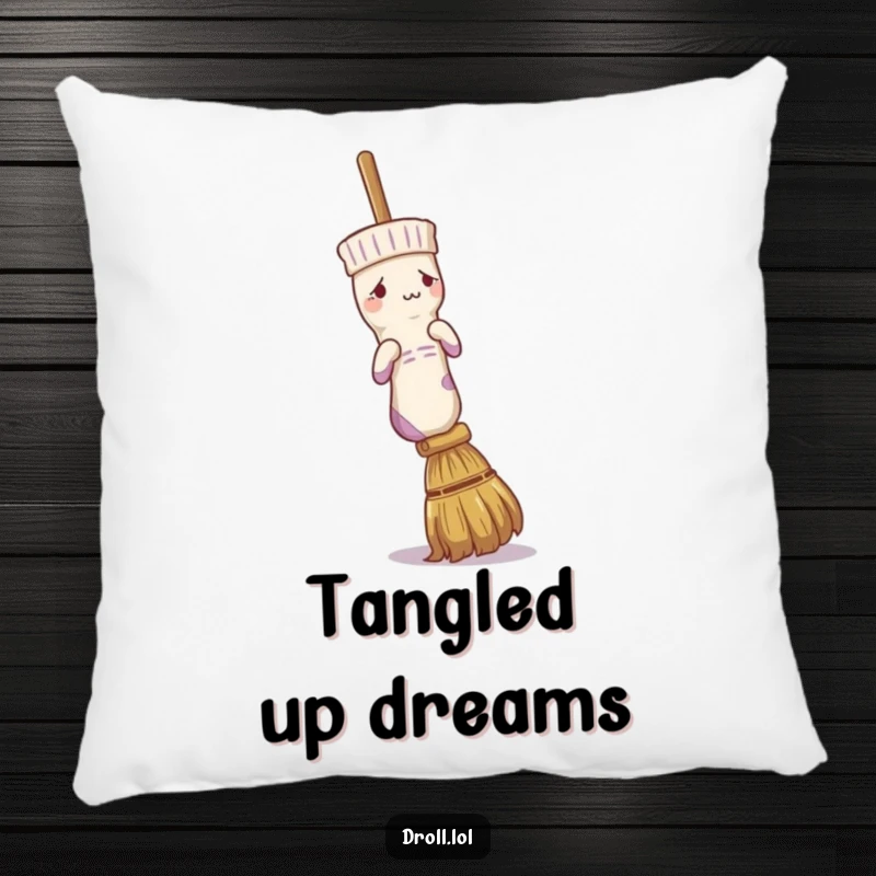 Funny throw pillow featuring a confused sock attempting to wear a broom, adding humorous comfort to any room.