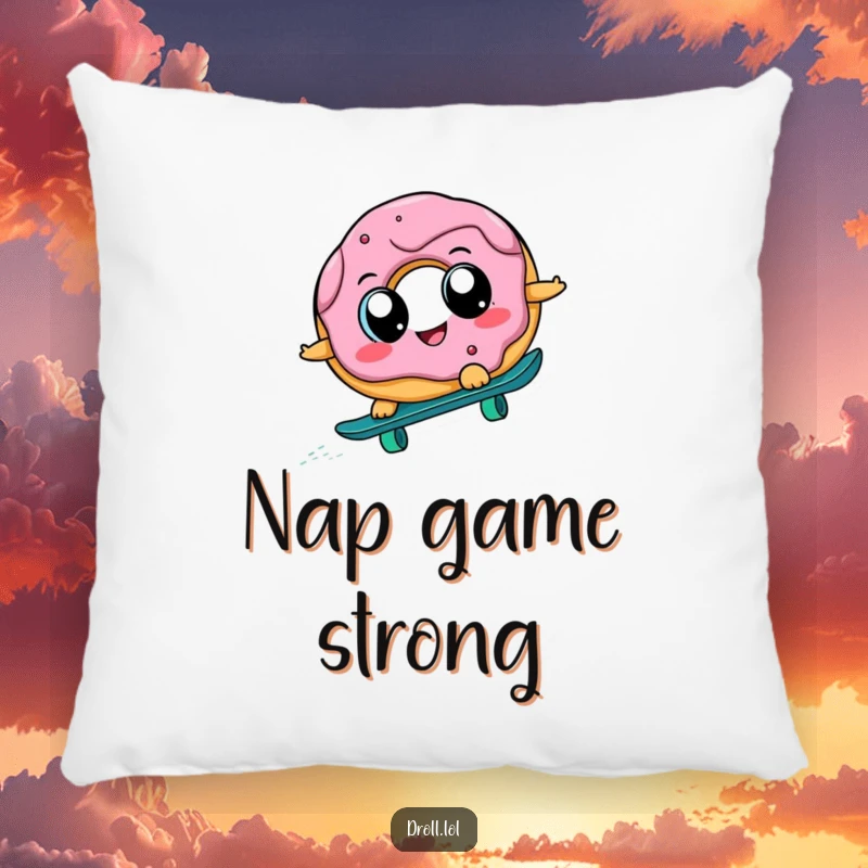Funny skateboarding donut with big eyes, plush and decorative pillow, perfect for adding a humorous and comfortable accent to any seating area.