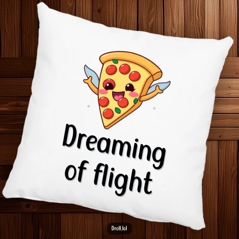 Funny happy pizza slice with pepperoni wings on a soft pillow, a humorous and comforting decorative item for pizza enthusiasts.