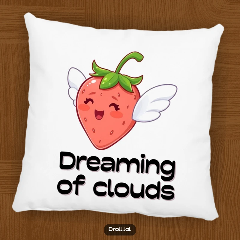 Funny pillow featuring a delighted strawberry with tiny wings, looking ready to fly, perfect for comfort.