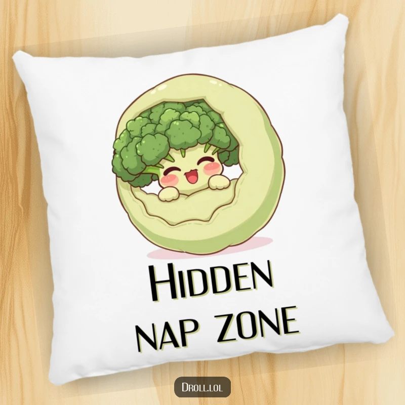 Funny giggling broccoli hiding inside a large, surprised vegetable on a soft pillow, a humorous and comforting decorative item.