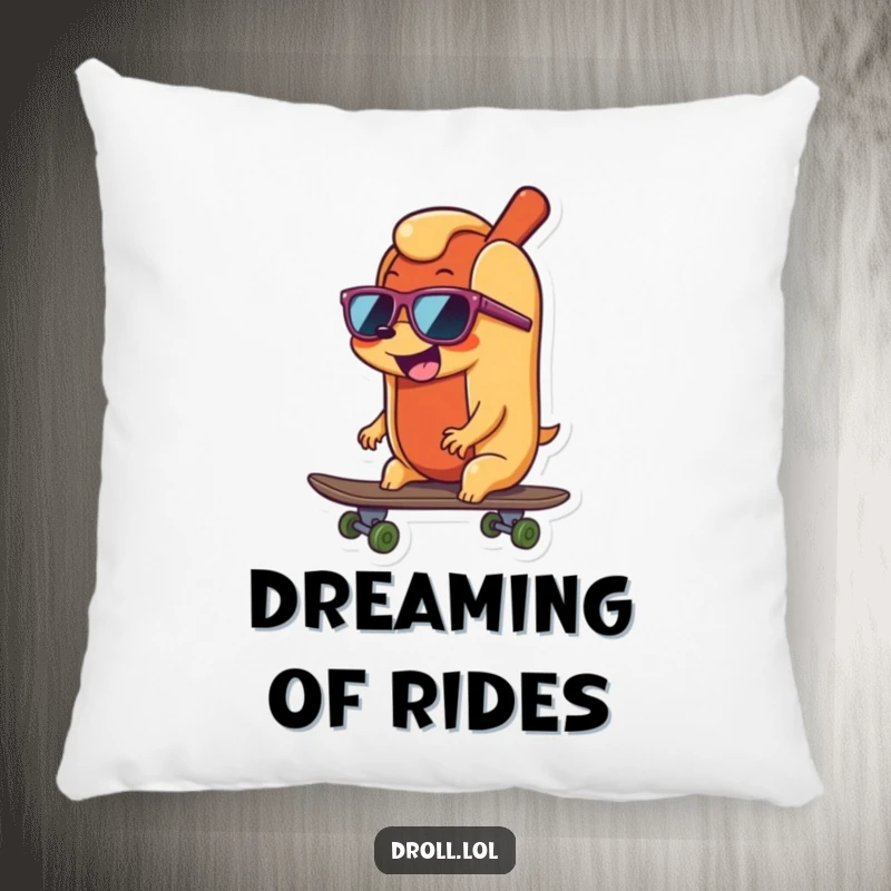 Funny happy, wiggling hot dog wearing sunglasses, riding a skateboard, depicted on a soft and decorative pillow.